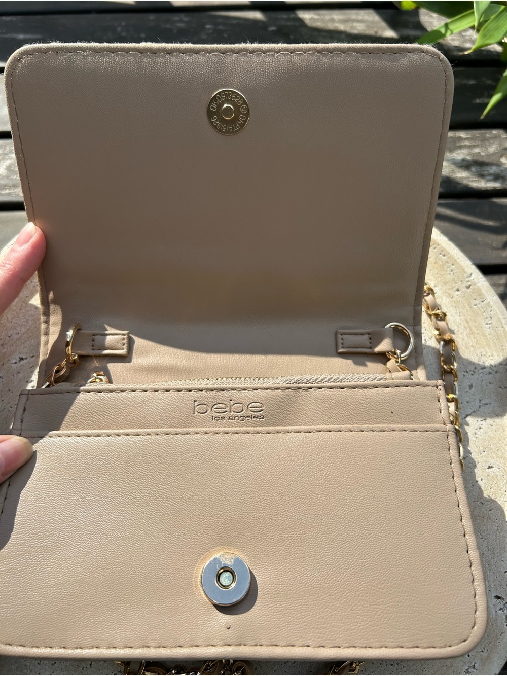 bebe Tallula Monogram Jacquard Beige and Brown Logo Crossbody with Gold Chain - Picture 5 of 8